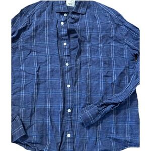 Baird McNutt Linen Shirt Men Medium Murano Slim Fit Windowpane Plaid Button Up